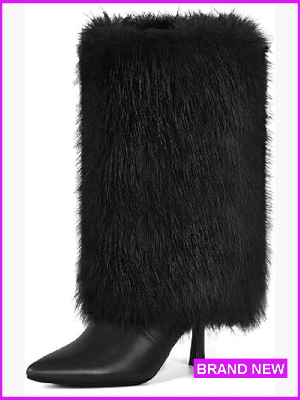 Faux Fur Fold Over Mid Calf Kitten Heel Boots with Side Zipper
